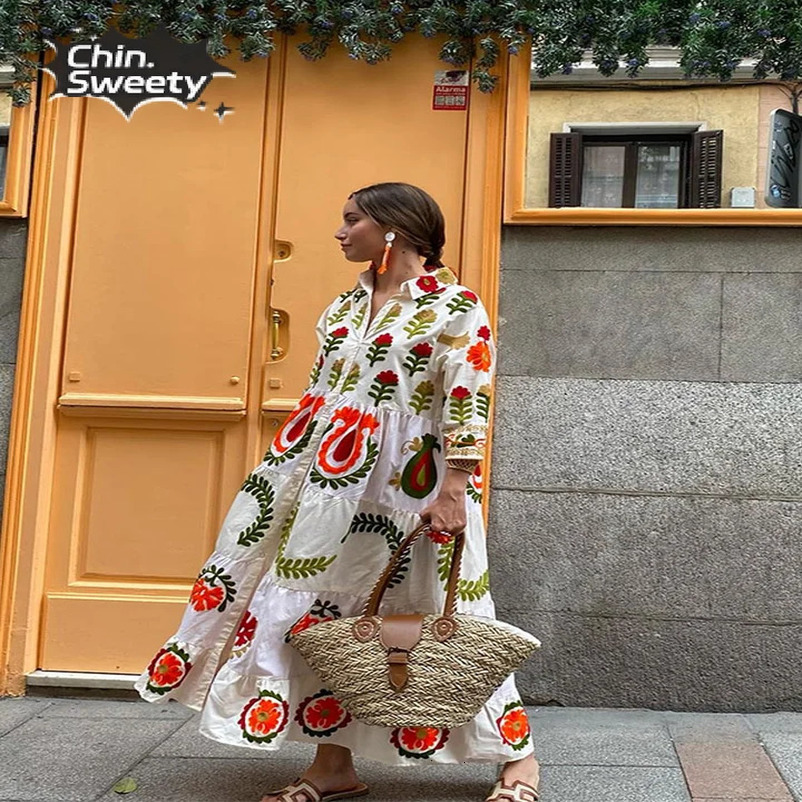 Casual Printed Patchwork Loose Dresses For Women Elegant Contrasting Color Lapel Long Sleeve Dress Summer Lady Vacation Vestidos 240715