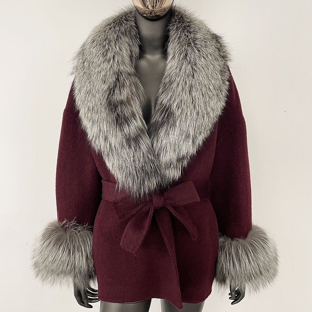 2024 New Autumn and Winter Oversized Fox Collar High-end Double-sided Fur Coat for Women, Mid-length Loose Woolen Jacket