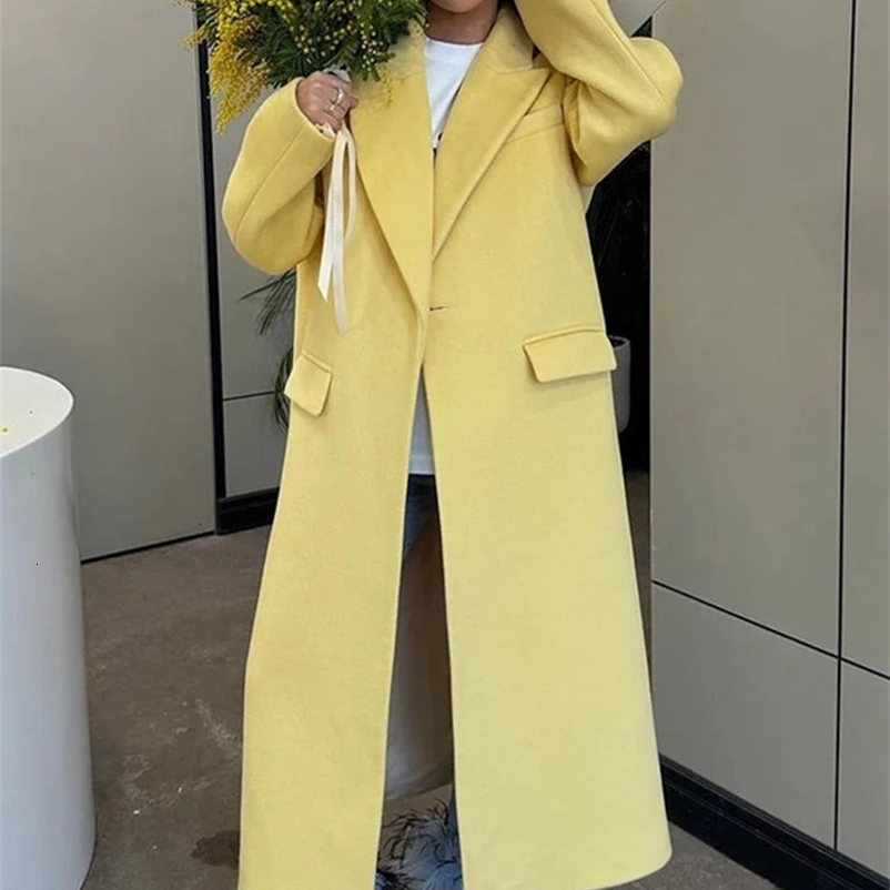 Fashion Yellow Woolen Long Coats For Women Loose Lapel Long Sleeve One Button Solid Coat Autumn Winter Elegant Streetwear 240909