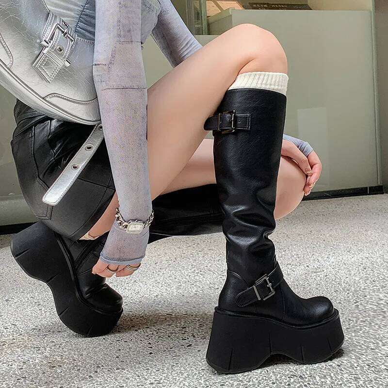 2024 Basic Women's Classics Knee-High Boots Women Belt Buckle Side Zip Round Toe Wedge Platform Shoes Ladies