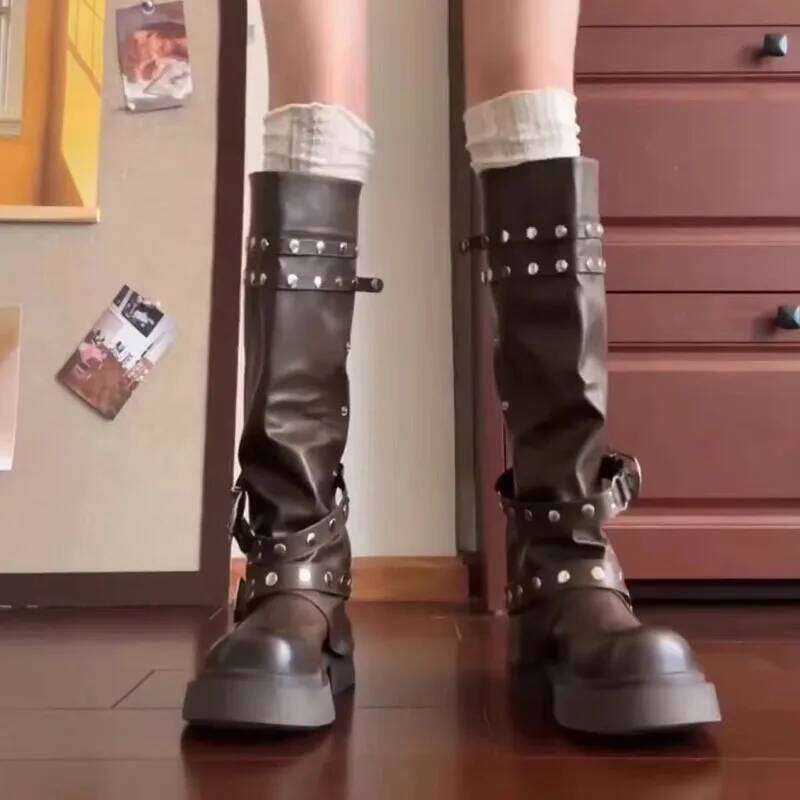 Women Platform Trouser Legs High Boots Trend Punk Gothic New Rock Leather Fashion Women's Shoes Motorcycle Footwear