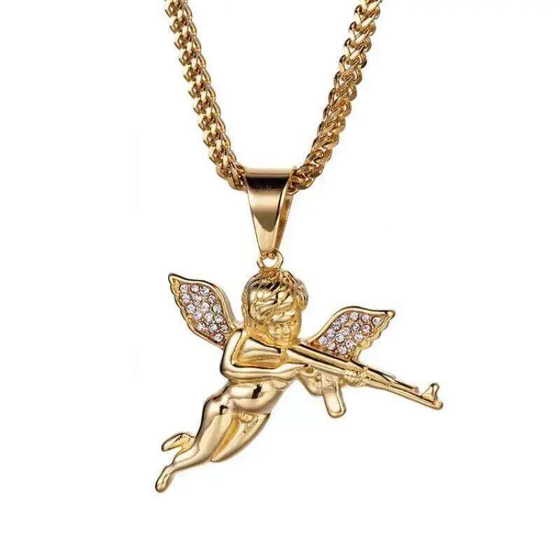 Revenge Angel Ak-47 Subhine Gun Pendant with Ice Crystal Zircon Necklace for Couples, Hip-Hop Rock Trend, Cool Jewelry Gift