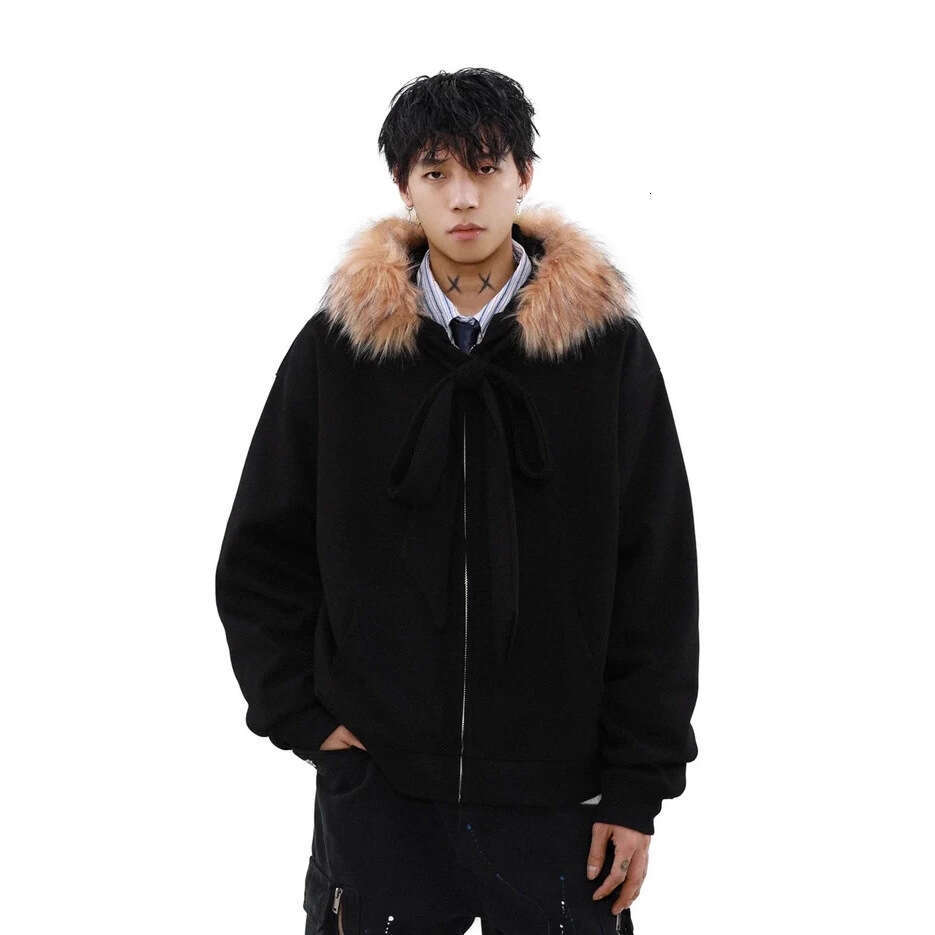 American Style Fur Collar Couple Hooded Zipper Lace-up Cardigan Sweatshirt Autumn Winter Warm Trendy Brand Design Jacket