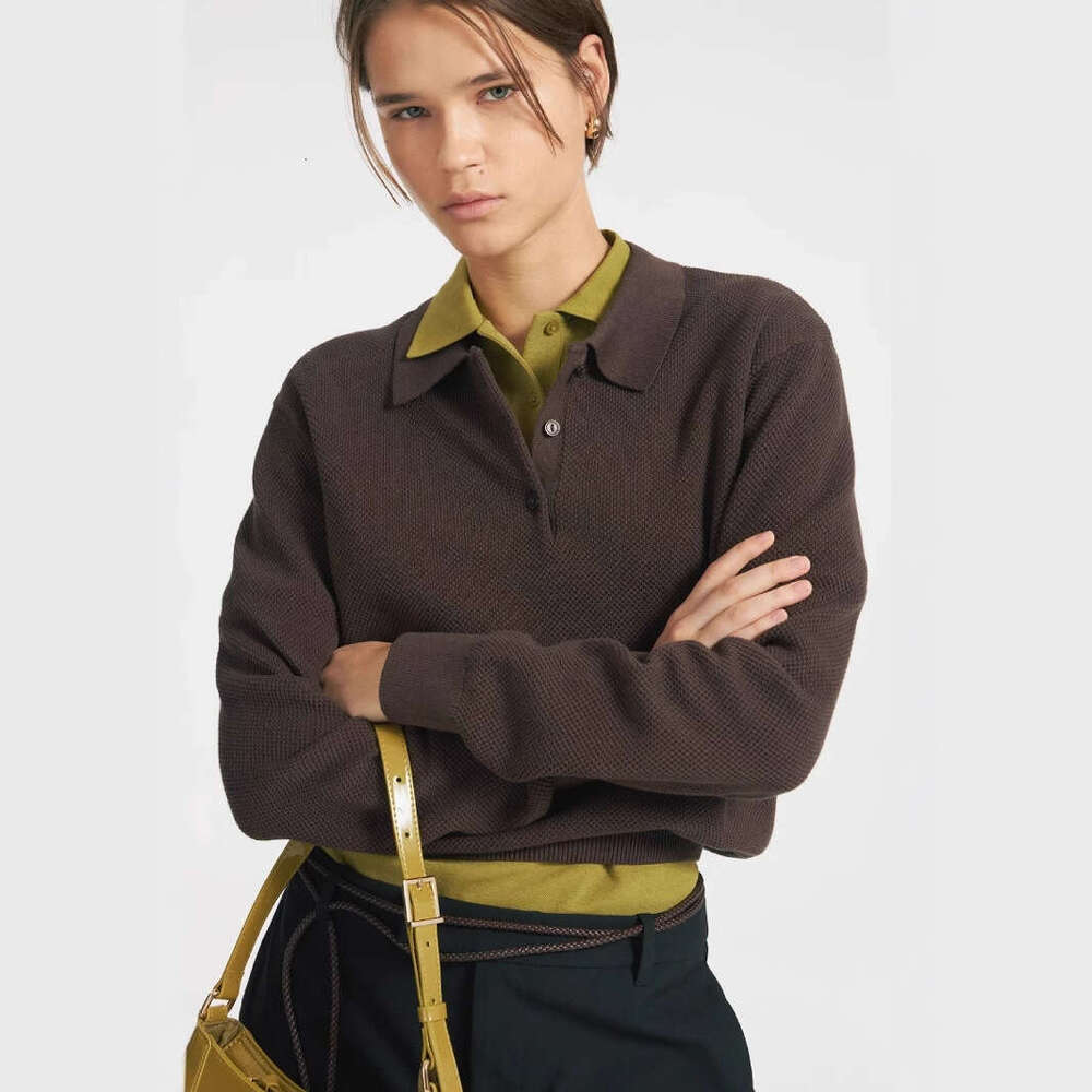 Autumn Winter Polo Collar Solid Color Sweater Women Versatile Casual Style Pullover Knitwear