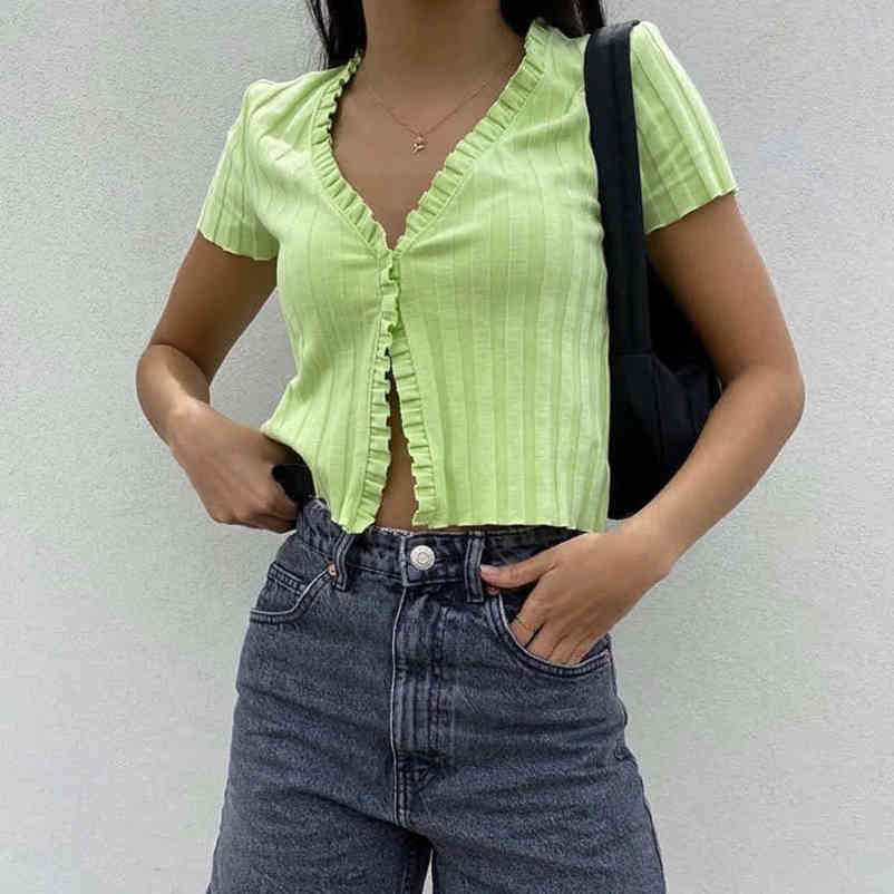 Women Crop Sweet Short Blouse Solid Knitted Cardigan Shirt Stretch Slim Ruffle Sweater Sexy Club Basic Ribbed Tanks Crop Tops 210521wtt