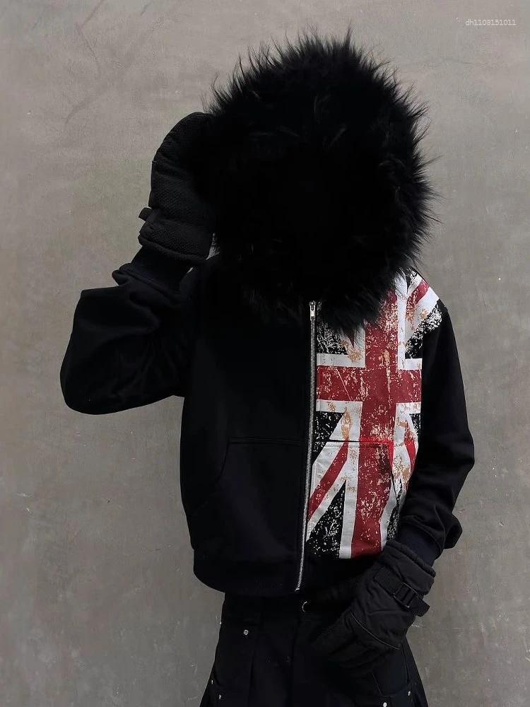 Men's Hoodies Women Aesthetic Fur Patchwork Grunge Printing Zippers Casual Hoody Harajuku Vintage Loose Pocket Sweatshirts Tops