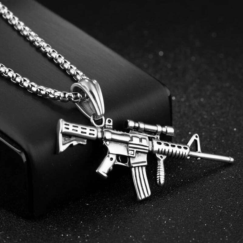 Men's hine Gun Pendant Necklace Hip Hop Punk Black Gold Color Stainless Steel Chain Retro Accessories Hippie Rapper Jewelry