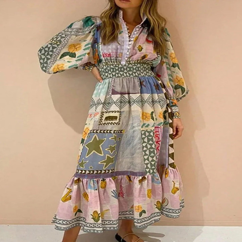 Spring and summer Bohemian style loose plaid sleeping casual waist pleated flame dress suitable for women elegant multi el 250407