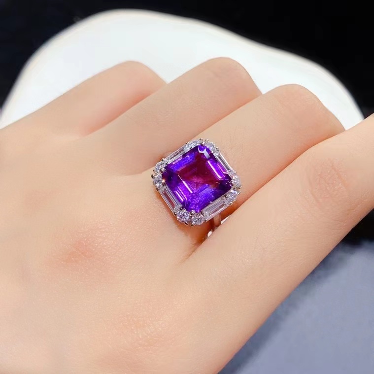 Dazzling 925 silver crystal ring 100% natural amethyst ring for party 10mm 5ct Brazilian amethyst jewelry with certificate