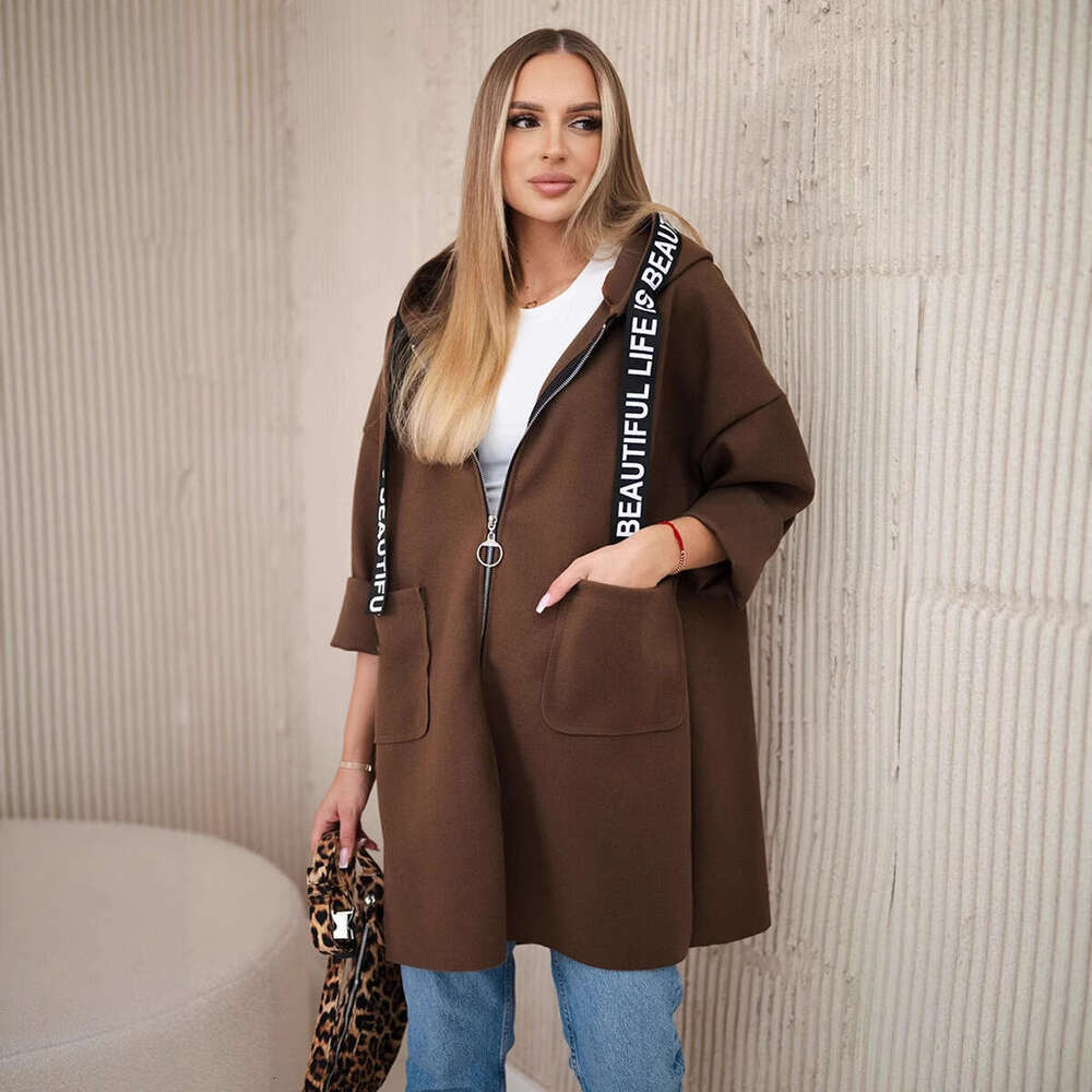 Autumn Winter New Hooded Sports Women's Plus Size Solid Color Casual Long Sleeve Zipper Woolen Coat