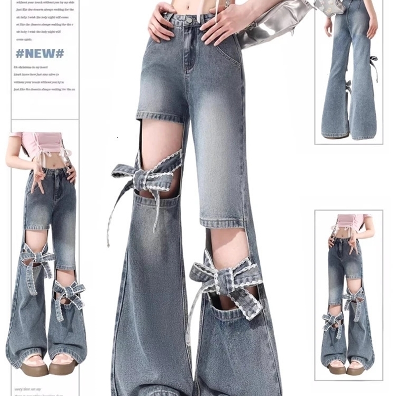 Women Y2k Bow Jeans Baggy Harajuku 2000s Trashy Hollow Out Oversize Denim Trousers 90s Aesthetic Jean Pants Vintage Clothes 240626