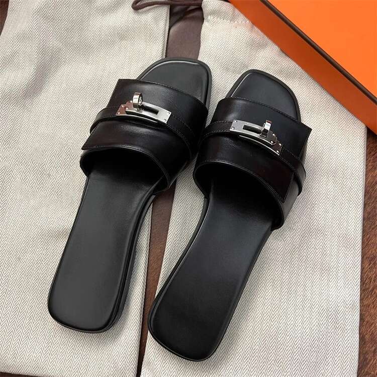 High-Quality Trendy Small Lock Buckle One-Strap Sandals for Women Fashion Versatile Color-Block Square Toe Flat Outdoor Summer Slippers
