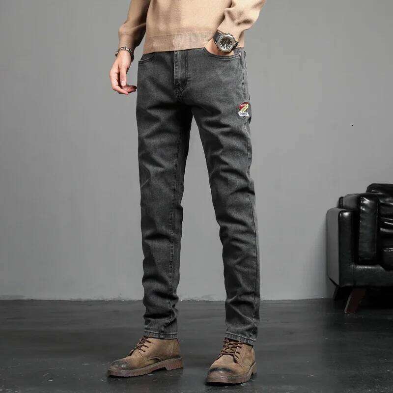 Men's Vintage Jeans Korean Fashion Slim Little Feet Embroidered Trousers Stretch Male Streetwear Denim Pants