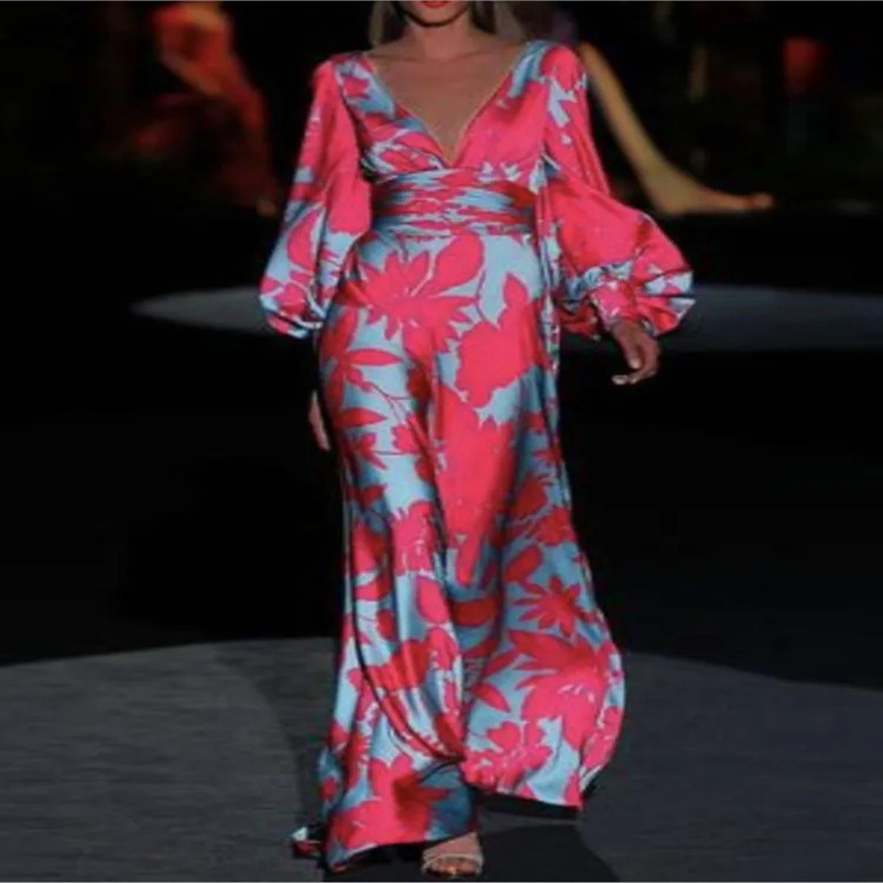 Printed Dress For Women Vneck Sexy High Waist Lantern Sleeve Ladies Fashionable Vestidos Autumn Long Evening Dresses 240715
