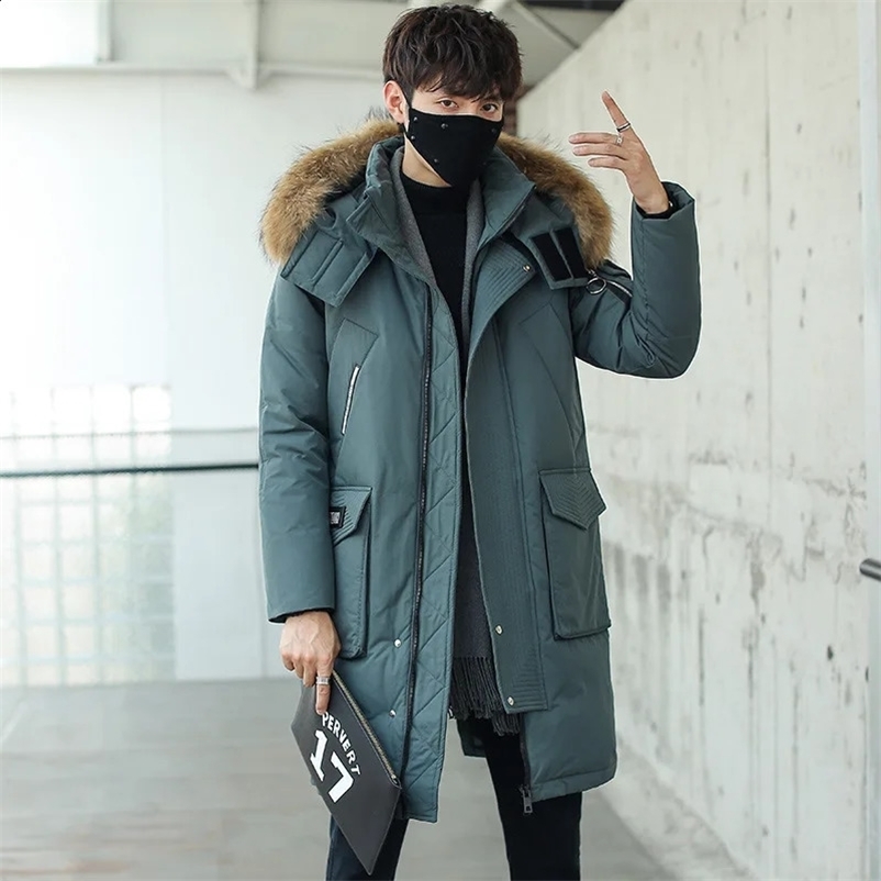 Winter Men Hooded Fur Collar Long Down Coats Fashion Male White Duck Down Jackets Quality Man Multiple Pockets Jackets 3XL 240909