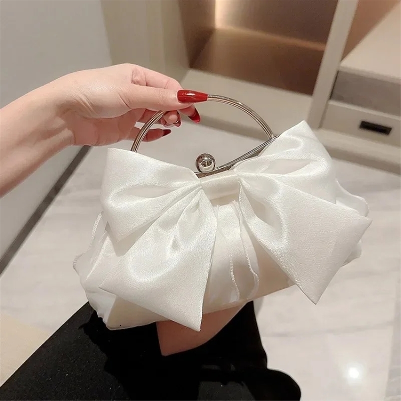 White Satin Bow Fairy Evening Bags Clutch Metal Handle Handbags for Women Wedding Party Bridal Clutches Purse Chain Shoulder Bag 240907Z