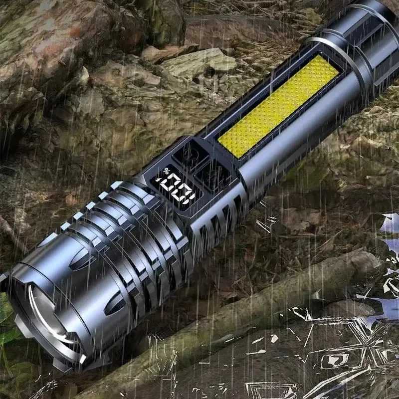 High Power LED Flashlight Powerful TYPEC Rechargeable COB Flashlight With Side Light Torch For Outdoor Camping Hiking D250928