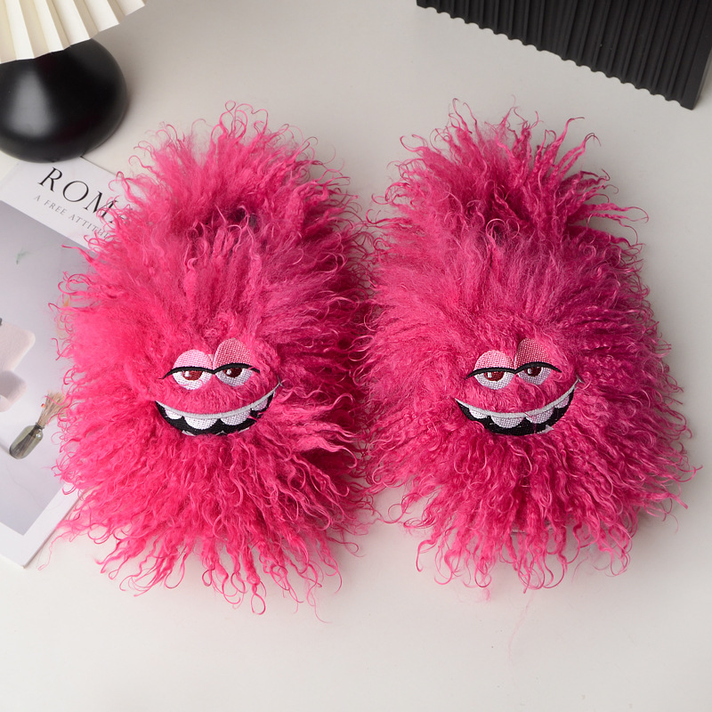 Popular Trend Fur Cotton Slippers Cute Funny Smiling Face Plush Women's Cotton Slippers Autumn And Winter New Designer Shoes
