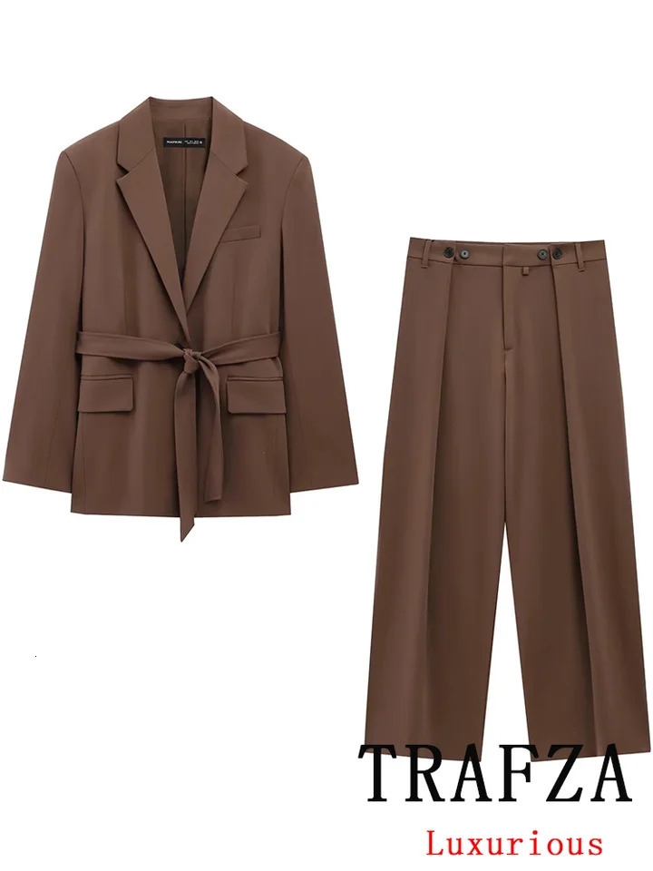 TRAFZA Office Lady Casual Chic Solid Women Suit Single Button Sashes Loose Blazer Zipper Pants Fashion Spring Summer Sets 250807