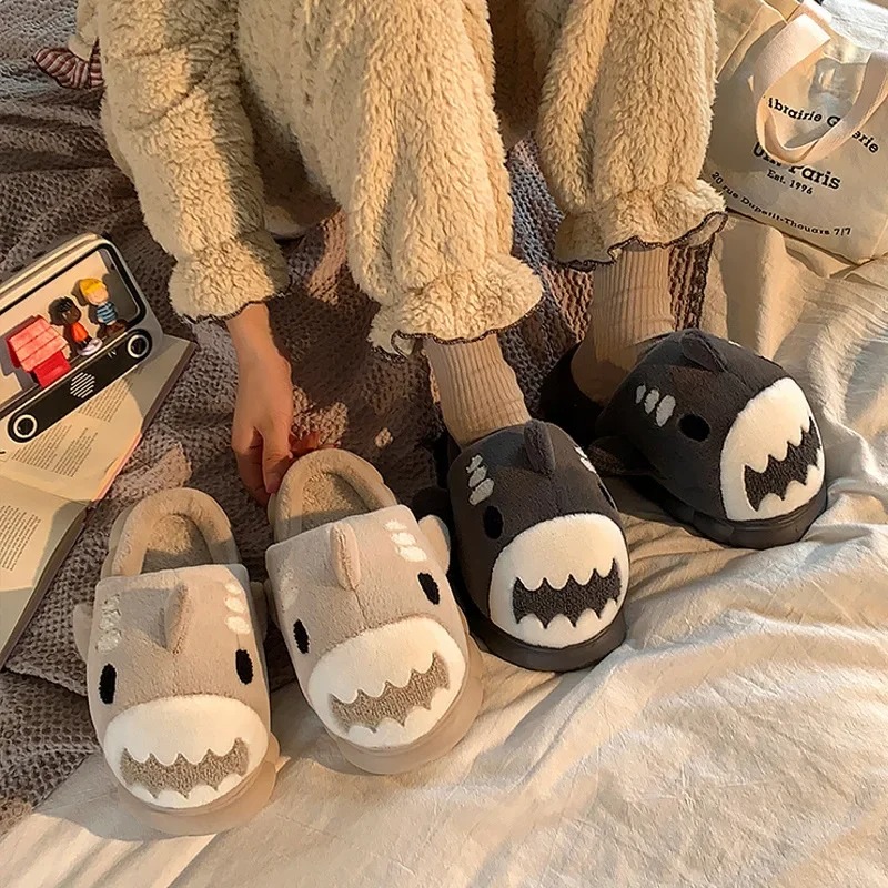 Unisex Winter Fun Cartoon Shark Slipper - Women's Comfortable Plush Footwear with Thicker Sole Winter Funny Slippers for Woman Cartoon Shark Warm
