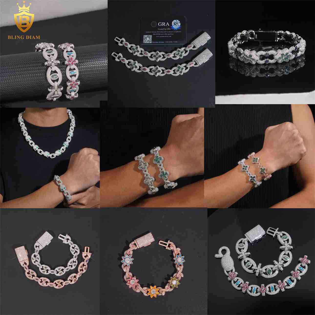 Luxury Sterling Silver 925 Iced Out VVS Moissanite Diamond Hip Hop Jewelry Missanite Cuban Link Chain Bracelet