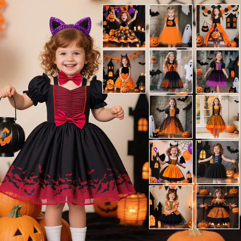 Halloween baby girl clothe witch pumpkin bat print princess dress children's costume cosplay role play performance dress Halloween girls dress ba