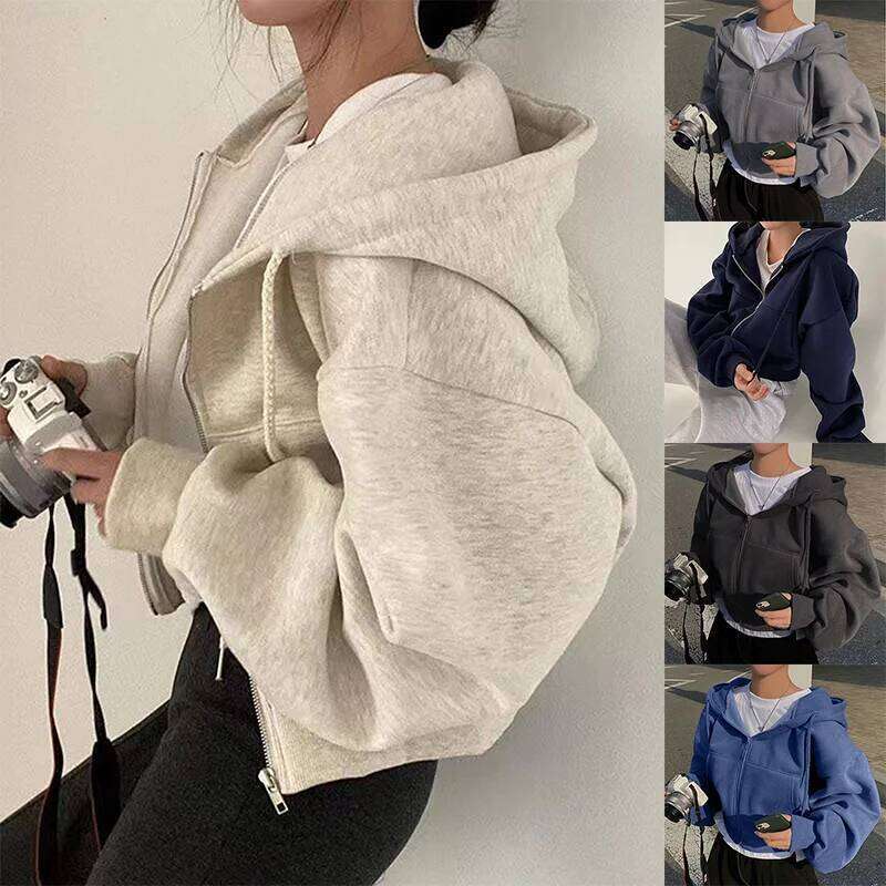 Spring Autumn New Insfleece-lined Versatile Cropped Slims Smooths Silhouette Zip-up Warm Navy Blue Hooded Sweatshirt Women