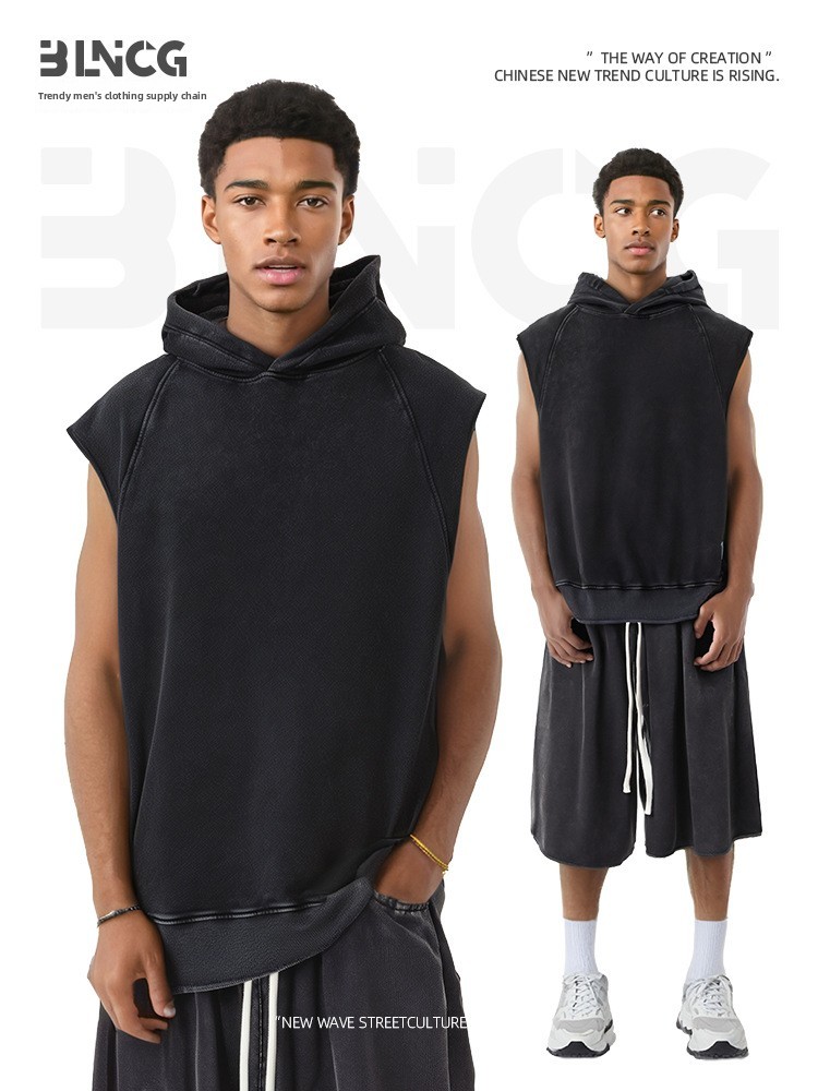 BLNCG New Sporty Streetwear Men's Tank - Cotton, Loose Hooded, American Trend, Snow Wash Sleeveless Tee-KFMT-12