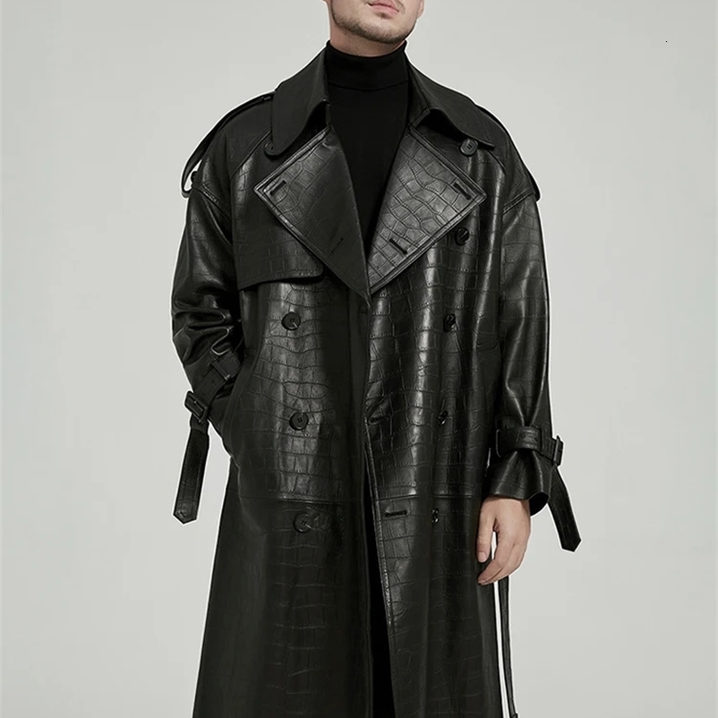 Mauroicardi Spring/Summer Autumn/Winter Long Black Print Pu Leather Trench Coat Mens Double Belt Breaste Runway European Fashion 240903bj