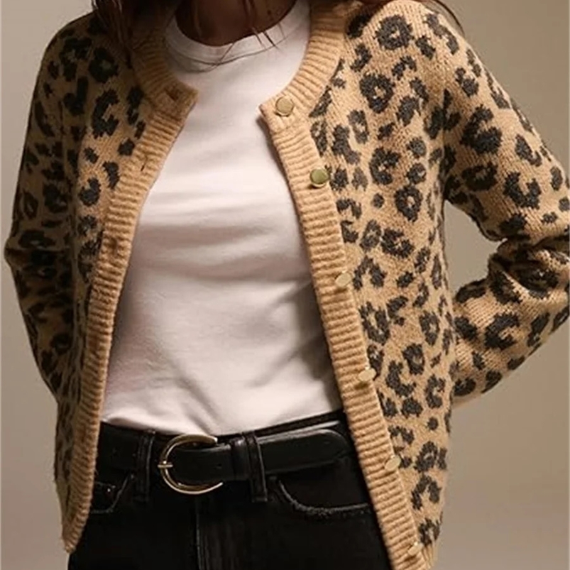 Fashion Knitted Leopard Print Cardigan Womens Loose Casual Printed Long Sleeve ONeck Top Retro Y2k Sweater Female 250107Z