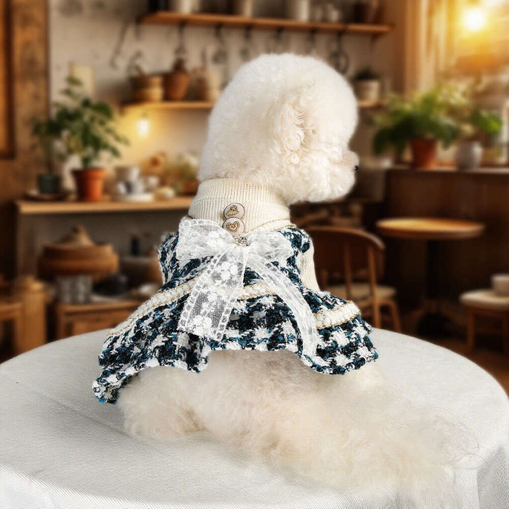 Dog Dress pet Supplies Apparel Pet Puppy Cat Clothes Autumn Winter New Blue Tone Noble Skirt