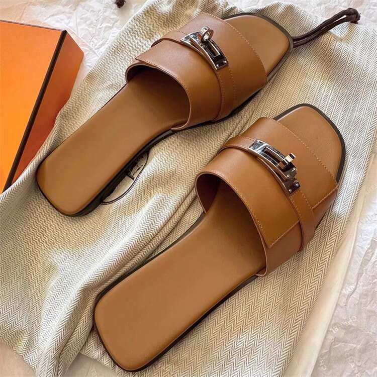 High-Quality Trendy Small Lock Buckle One-Strap Sandals for Women Fashion Versatile Color-Block Square Toe Flat Outdoor Summer Slippers