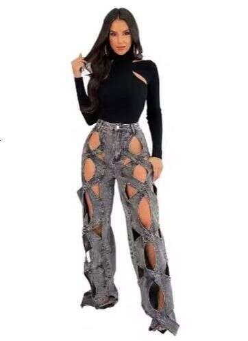 Women's Clothing Summer Casual Style Straight Tube Slim Twist Hollow Metal Button Jeans