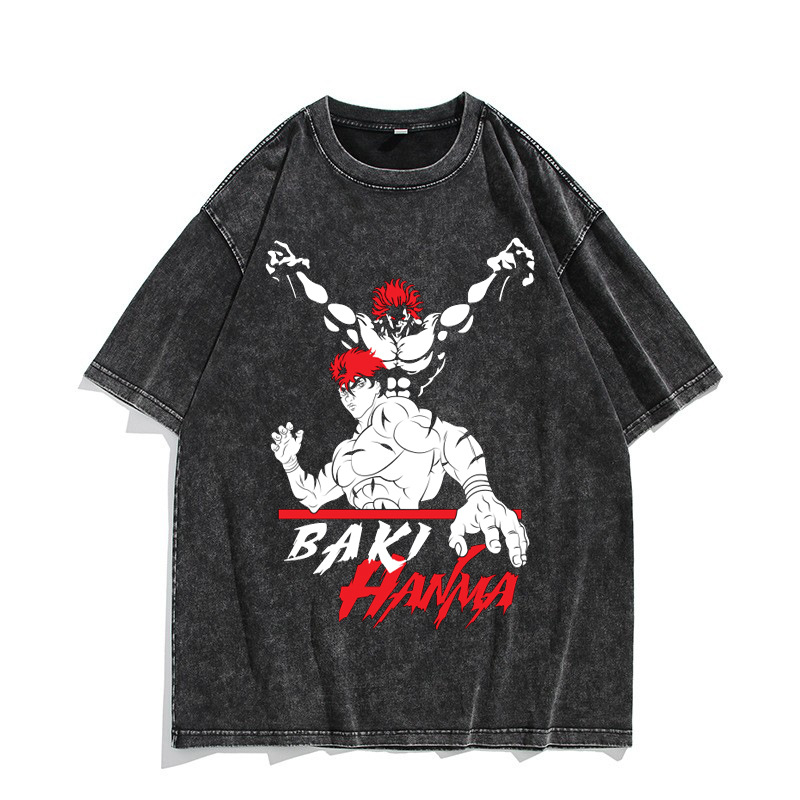 European & American Washed Vintage Short-Sleeve T-Shirt Anime Baki Hanma American High-Street Top - TT8289