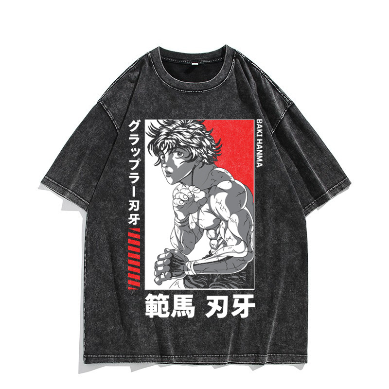 European & American Washed Vintage Short-Sleeve T-Shirt Anime Baki Hanma American High-Street Top - TT8289