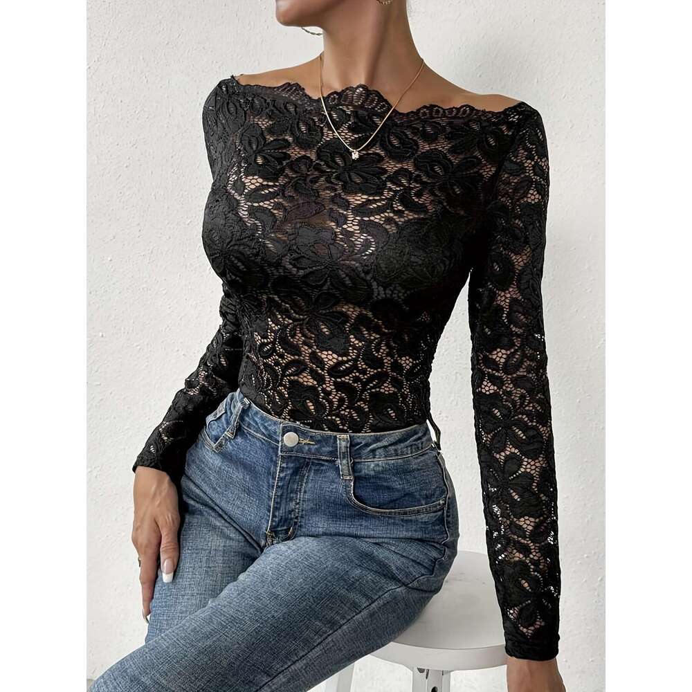 2025 New Fan-shaped Collar Off-shoulder Single-layer Lace Slim Fit Long Sleeve T-shirt Top