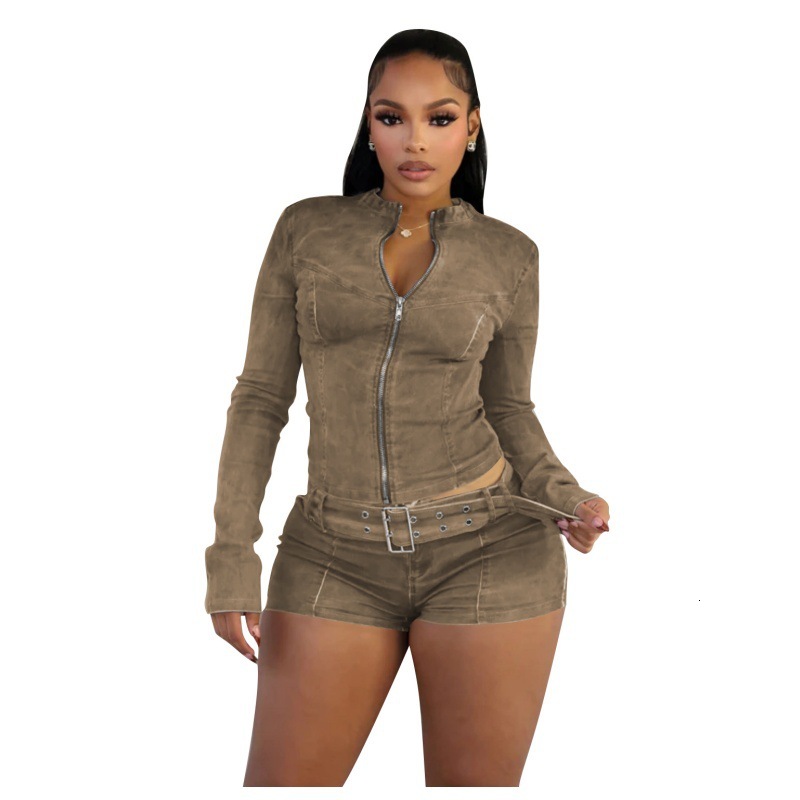 Women Tracksuits Two Pieces Set 2025 New Denim Shorts Set Long Sleeve Elastic Shorts Belt Set 4 Colors