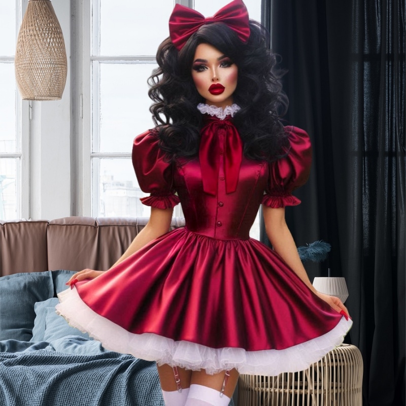 Burgundy Lolita Prom Dresses Short Pleats Short Homecoming Dresses High Collar Satin Puffy Cosplay Party Gown