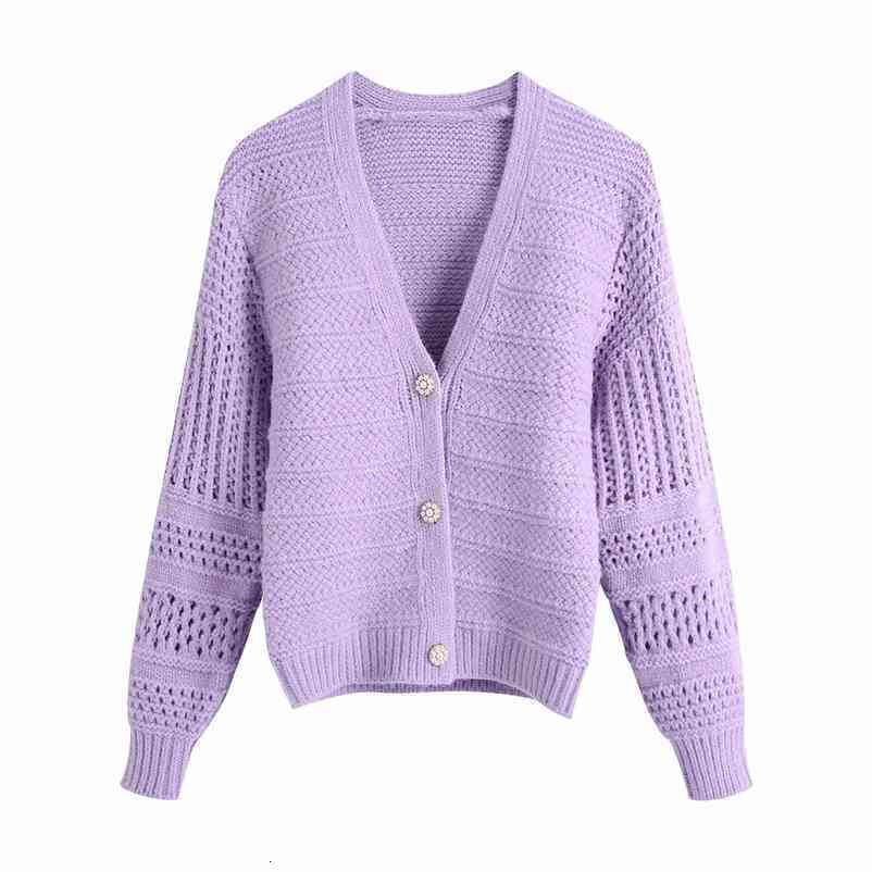 Female Purple Single Breasted Fashion V Neck Cardigan Hollow Out Vintage Sweater Female Chic Long Sleeve Knitted Blouse 210521wtt