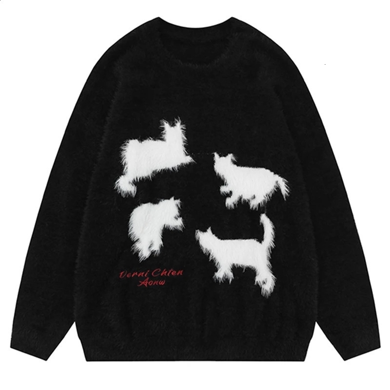 Mohair cartoon cat knitted sweater winter Y2K retro floral soft wool mens jumper ultra-fine womens street sweater 240924