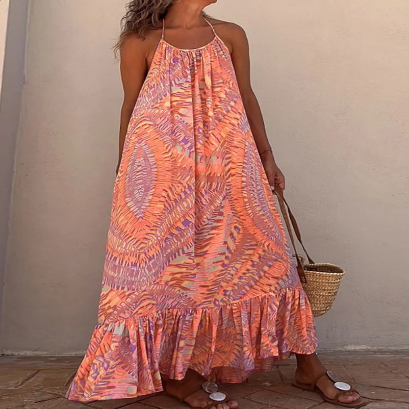 Summer Style Womens Sexy Printed Beach Dresses Bohemian Vacation Spaghetti Strap Halter Laceup long Dress 240318wtt