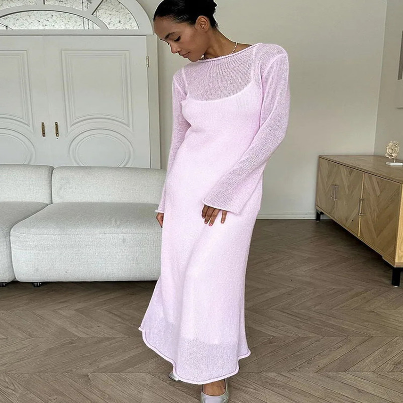 Spring and Autumn Oneck Elastic Knitted Long Dress for Women Elegant Unique Soft Womens Hollow Sweater Style 250407