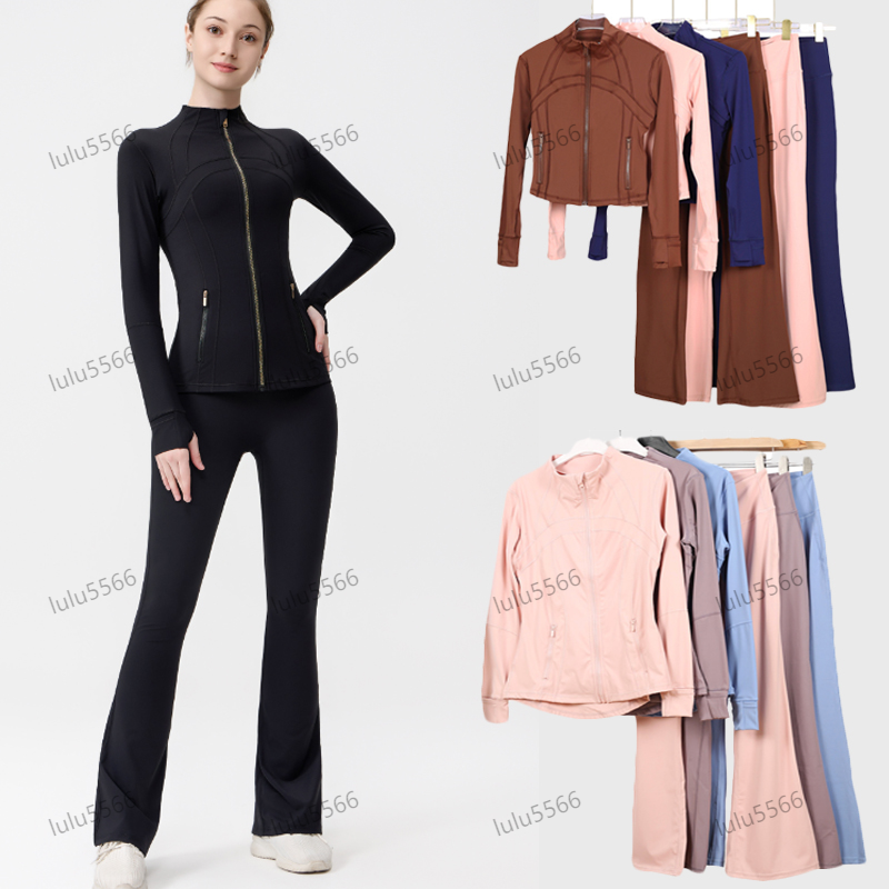 Yoga Jacket Womens Defined gym set Drawstring wide leg pants cropped jacket Sports Gold zipper top athletic wear flare leggings high waist flare pants sweatshirt
