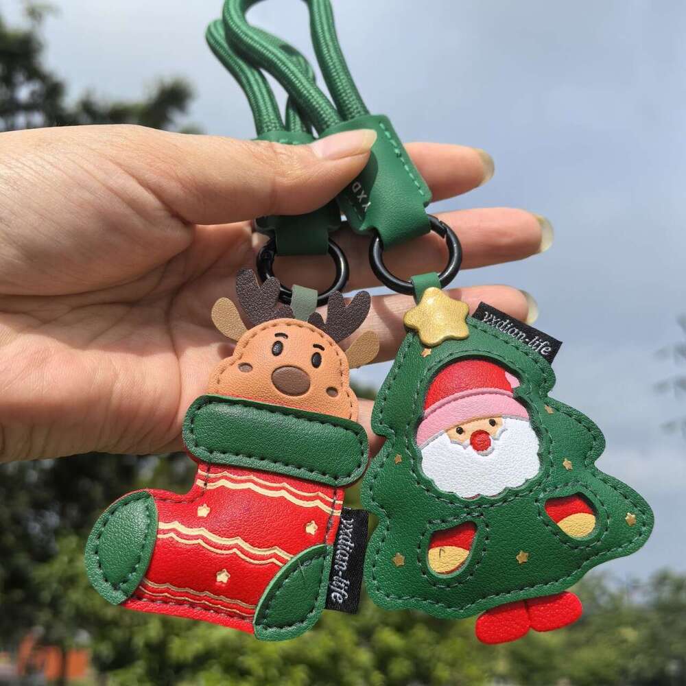 Creative Christmas Tree Sock Pendant for Boys and Girls Cute Green PU Leather Backpack Cartoon Car Keychain