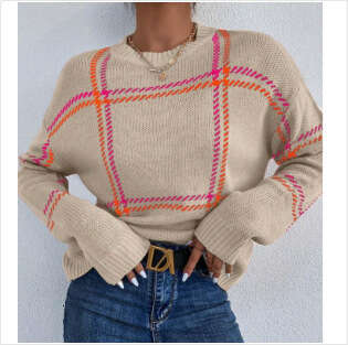 Yangyang Autumn Winter New Plaid Color Block Sweater for Women Casual Versatile Long Sleeve Round Neck Pullover Knitwear