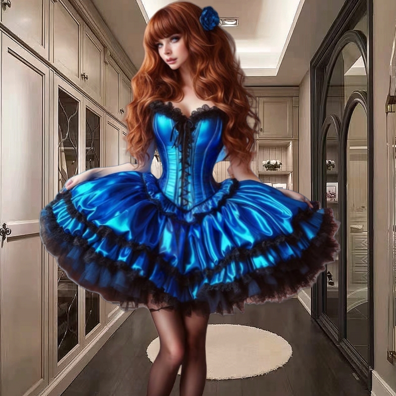 Vintage Blue And Black Steampunk Short Prom Dresses Strapless Corset Cosplay Party Costume Ruffles Tiered Birthday Gown