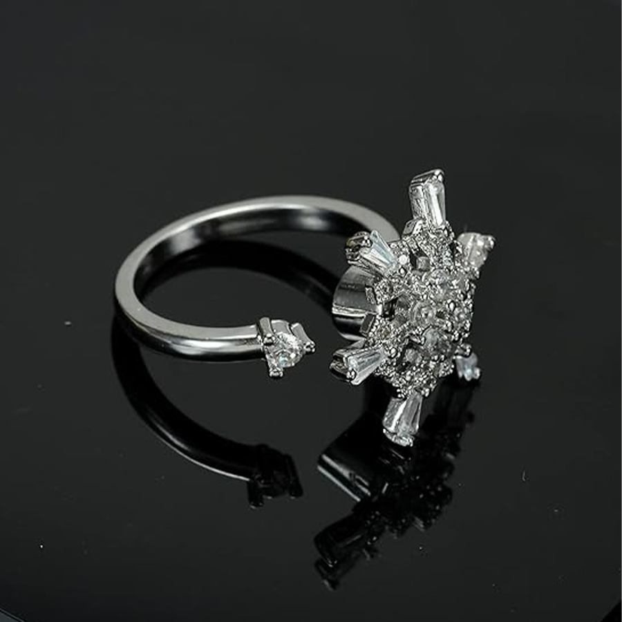 Fidget Anxiety Rings Rotatable Stress Relief Bead Ring Size Adjustable Open Design Ring Spinner Inlaid Cubic Zirconia Snowflake Shape Ring Jewelry for