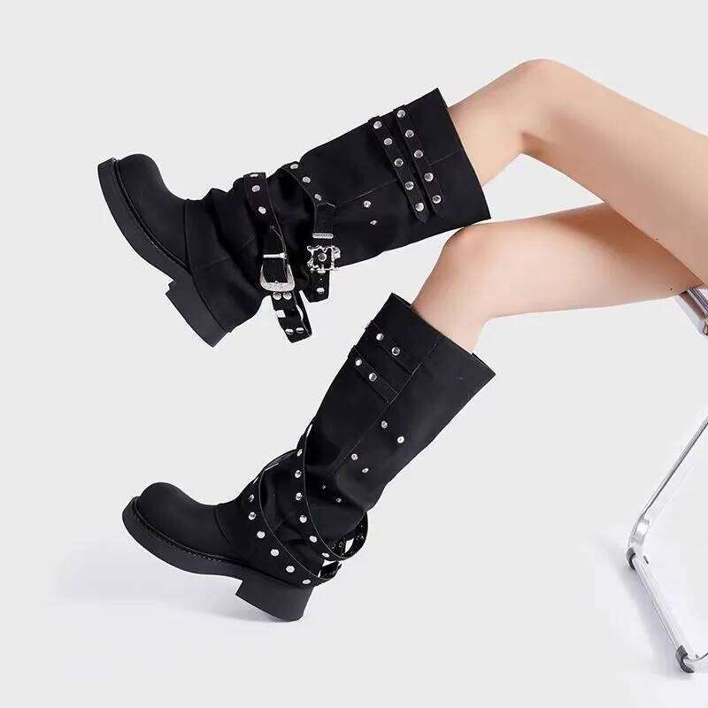 Women Platform Trouser Legs High Boots Trend Punk Gothic New Rock Leather Fashion Women's Shoes Motorcycle Footwear