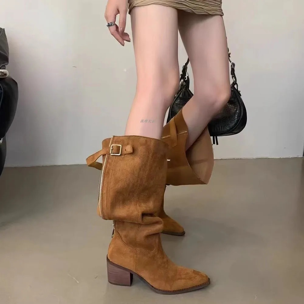 Sturdy Leather Ankle Boots with Spiked Outsoles Perfectly Pairs Fashion with Functionality Women Stacked Boots Back Zipper Retro Western Cowboy Boots 