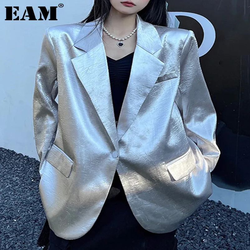 EAM Women Silver Big Size Glossy Sensation Blazer Lapel Long Sleeve Loose Jacket Fashion Spring Autumn 31A0901 250106